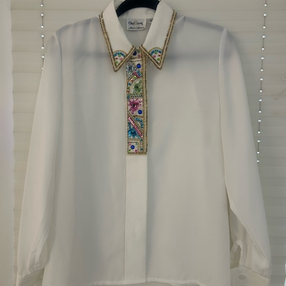 Oleg Cassini Tops - Vintage 1980s Oleg Cassini White Blouse with Multicolor Sequin Collar